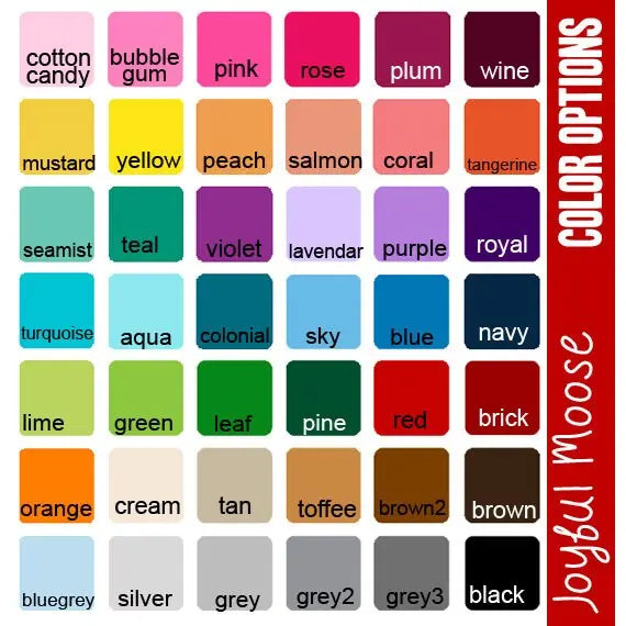 Pet ID tag color options chart with lime green, mustard, teal, royal blue, and more