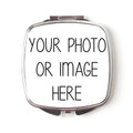 Silver compact mirror with “YOUR PHOTO OR IMAGE HERE” printed on the lid