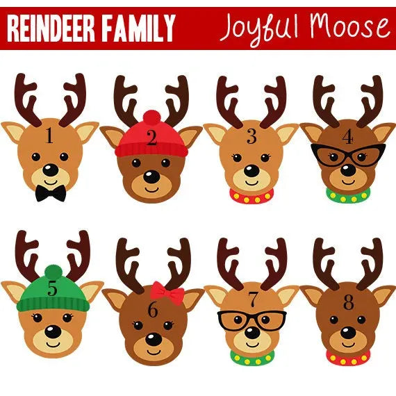 Reindeer family design sheet showing eight numbered reindeer heads