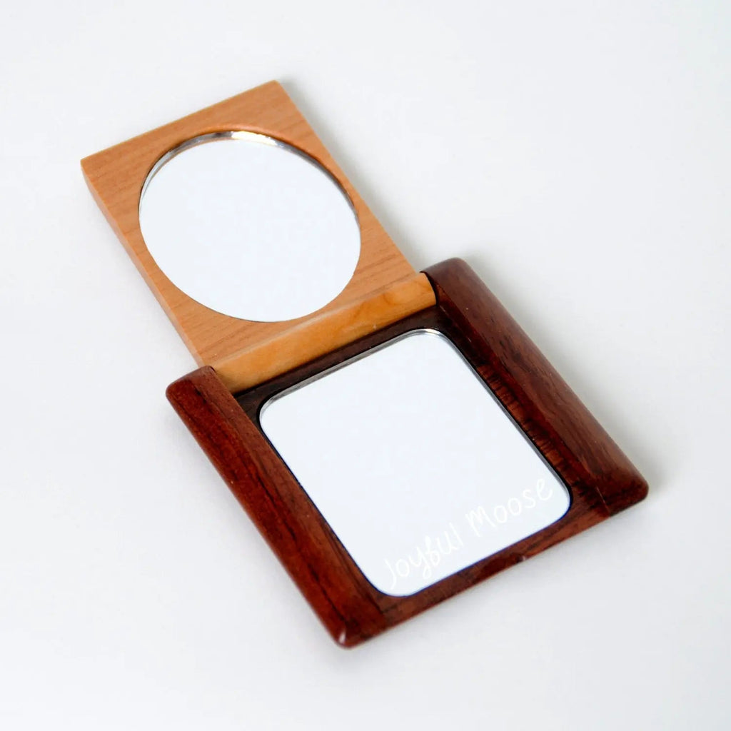 Wooden compact mirror open with circular top and rectangular mirror, dark brown edges