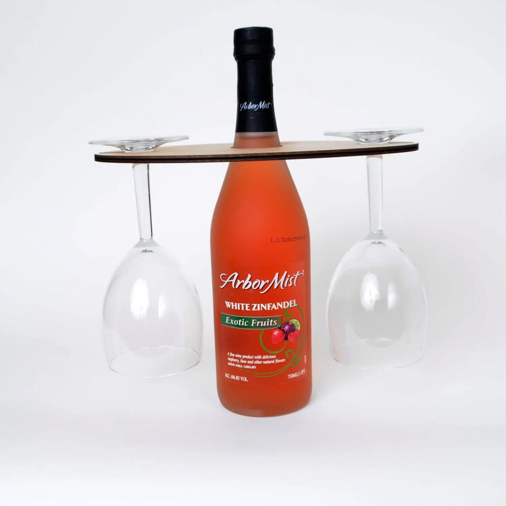 Wooden wine glass carrier with three stem holes, styled with bottle and two glasses on top.