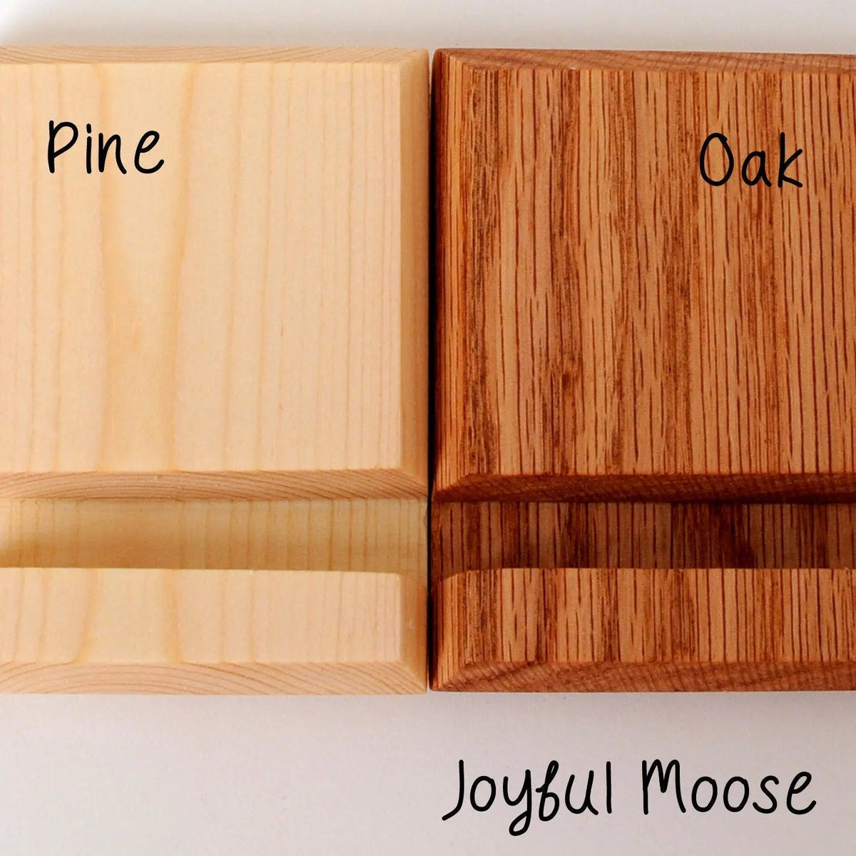 Wooden iPhone stand material samples: pine and oak wood finishes