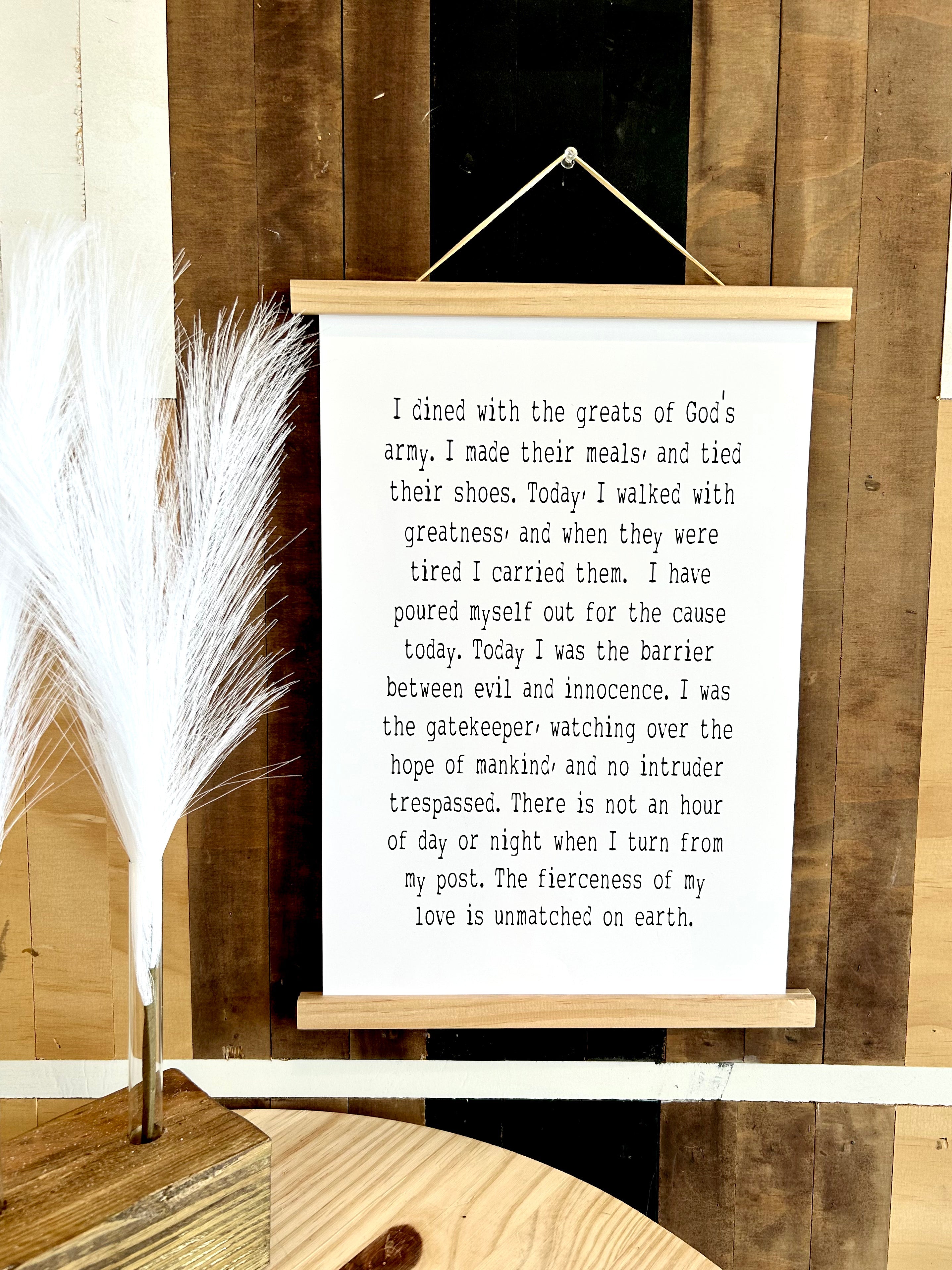 Large wall art / Signs / wall hanging / inspirational quotes / home decor /I dined with the greats of God's army today. Framed wood sign