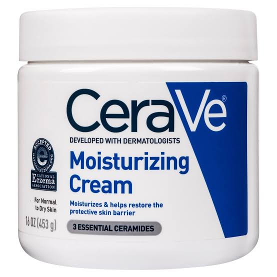 Moisturizing cream jar with CeraVe label, white jar and blue accents