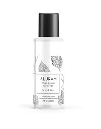 Aluram body moisturizer bottle, 2 oz, pump top, clear liquid, white label