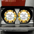 Set of 2 round car coasters with black rims, sunflower artwork and inspirational text