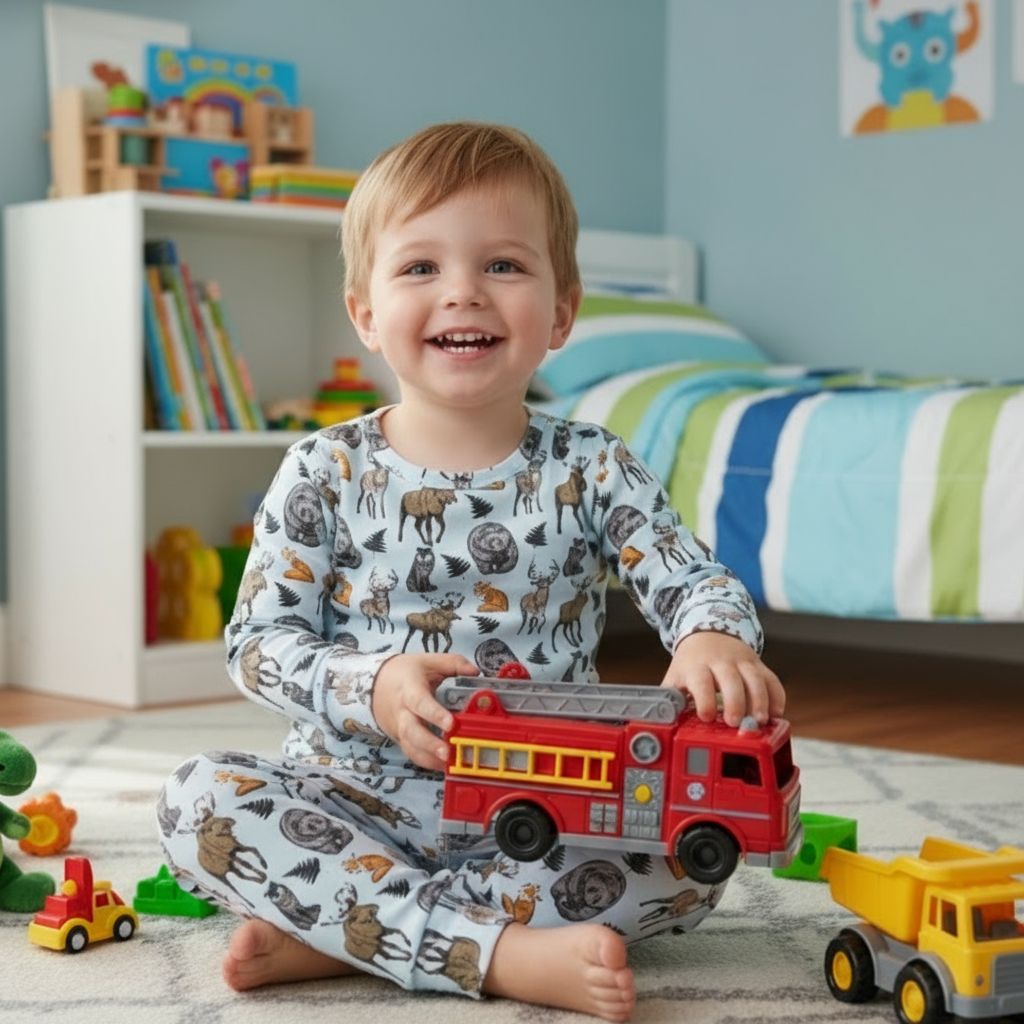 Big kid pajama set with long sleeves and pants in light blue animal print