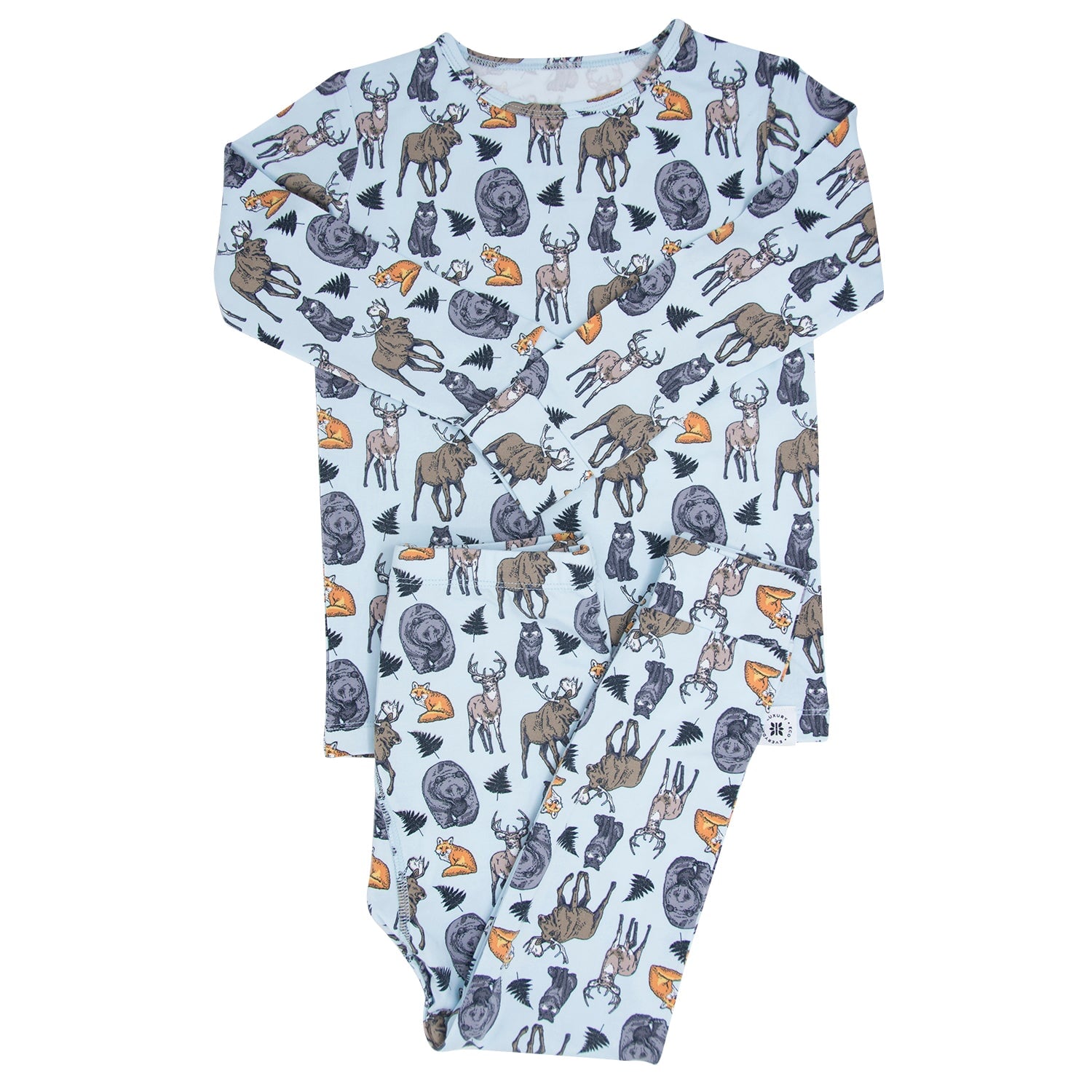 Long-sleeve kids pajama top in light blue with scattered animal pattern