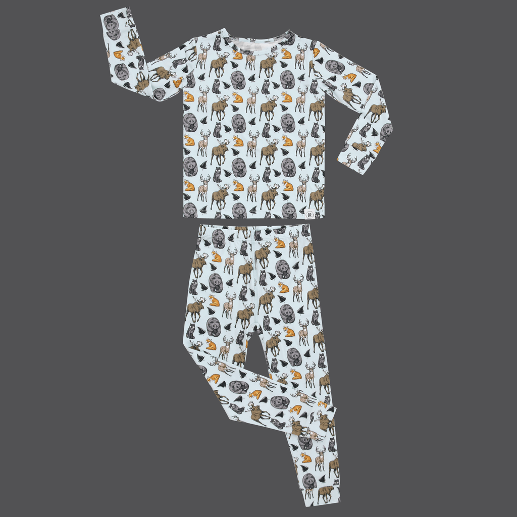 Kids pajama set with long sleeve top and pants, light blue animal pattern