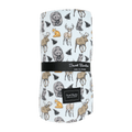 Wild animal print cloud blanket with deer, bear, cat, and pine tree motifs