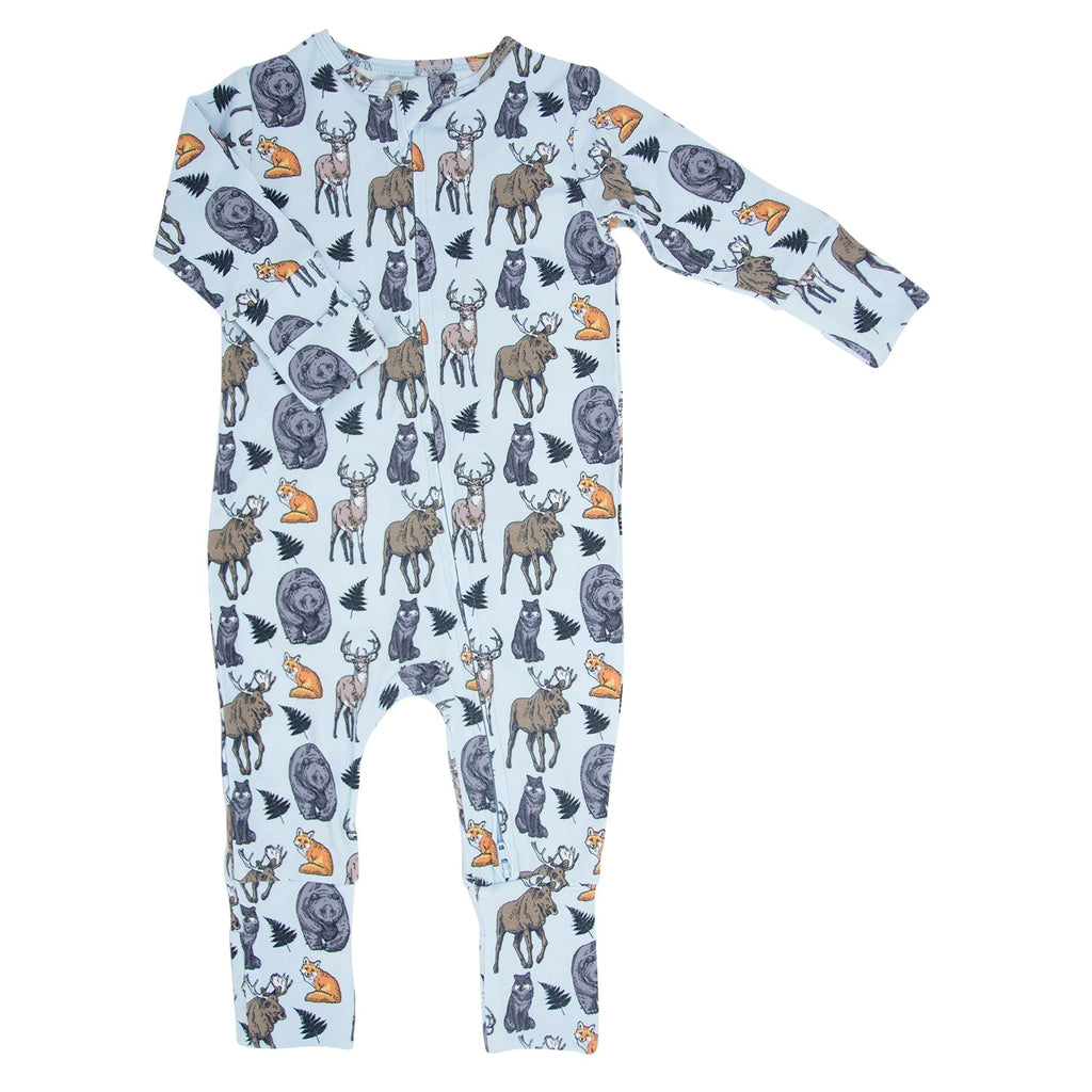 Animal-print footed baby romper in light blue with long sleeves, side view.