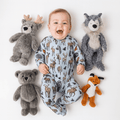 Baby animal-print footed romper in light blue, long sleeves, all-in-one design.