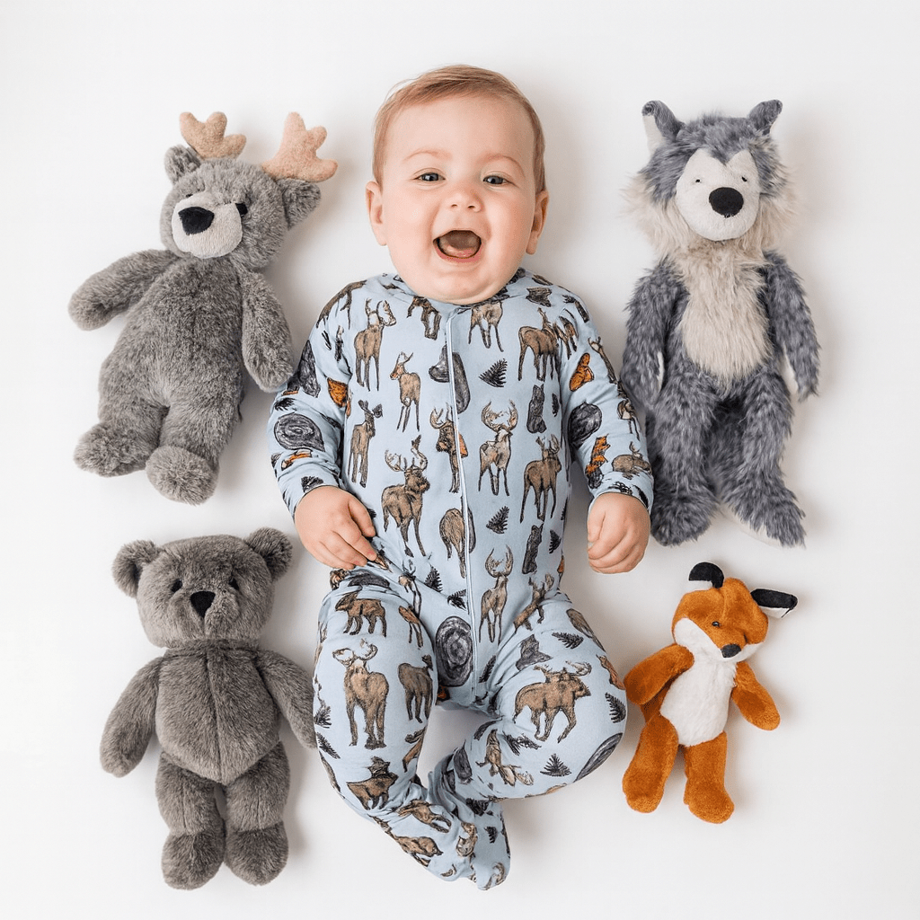 Baby animal-print footed romper in light blue, long sleeves, all-in-one design.