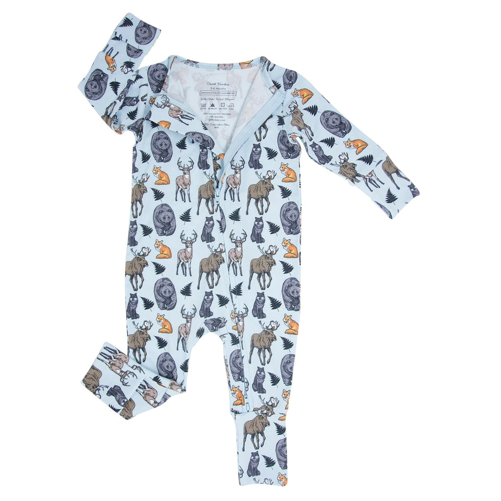 Animal-print long-sleeve baby romper in light blue base, footed all-in-one.