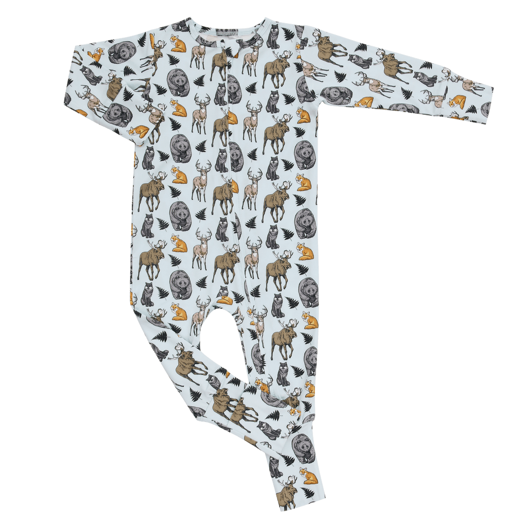 Animal-print baby romper in light blue with long sleeves, back view.