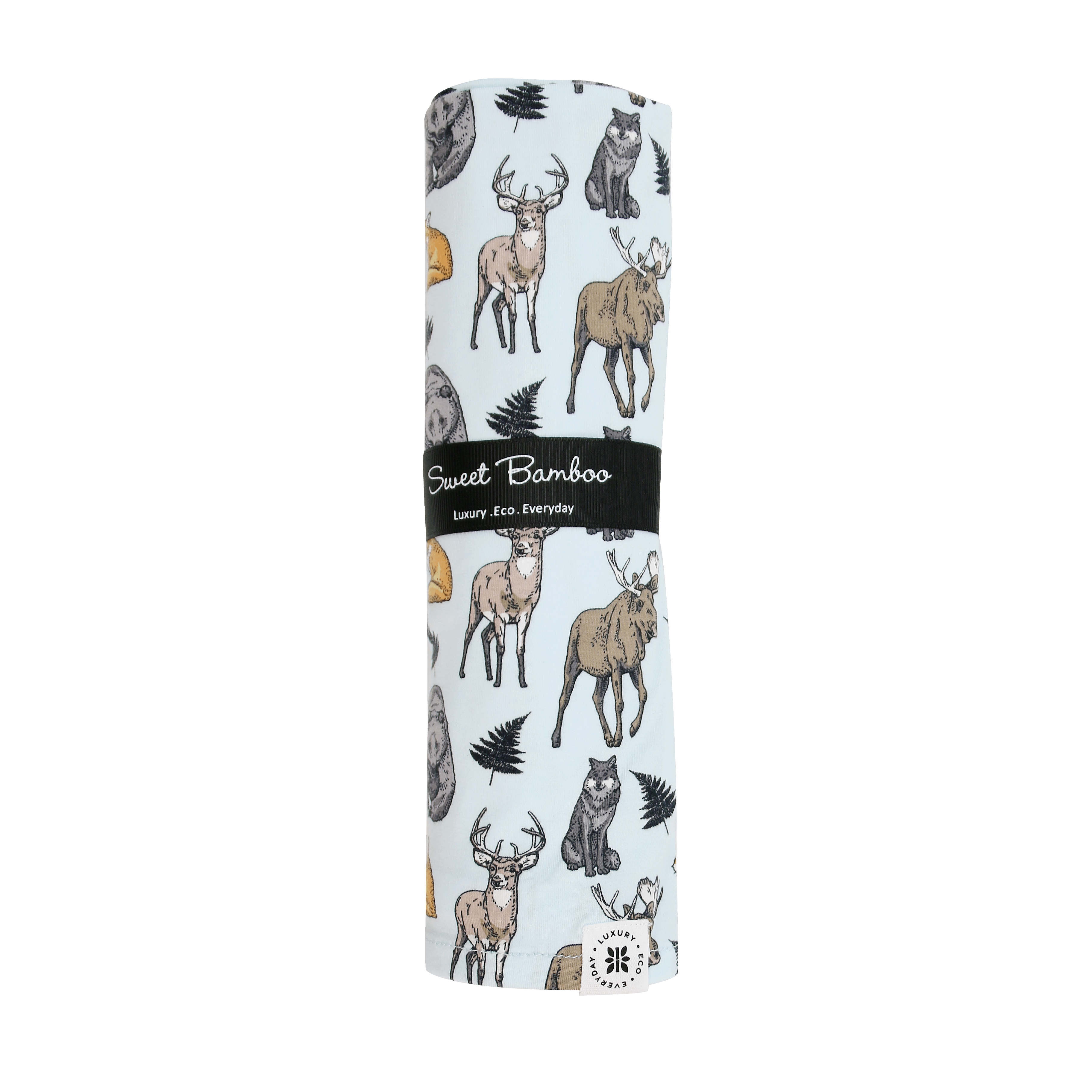 Baby swaddle blanket rolled with light blue background and woodland animal pattern