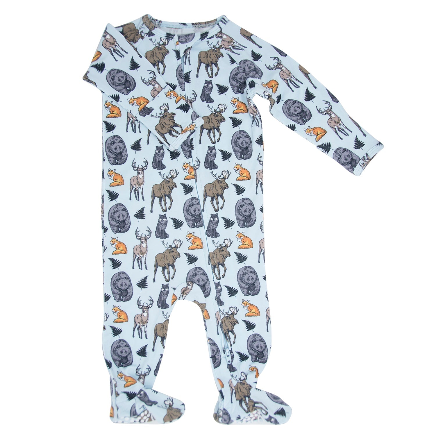Light blue animal print zipper footie with long sleeves and footed legs