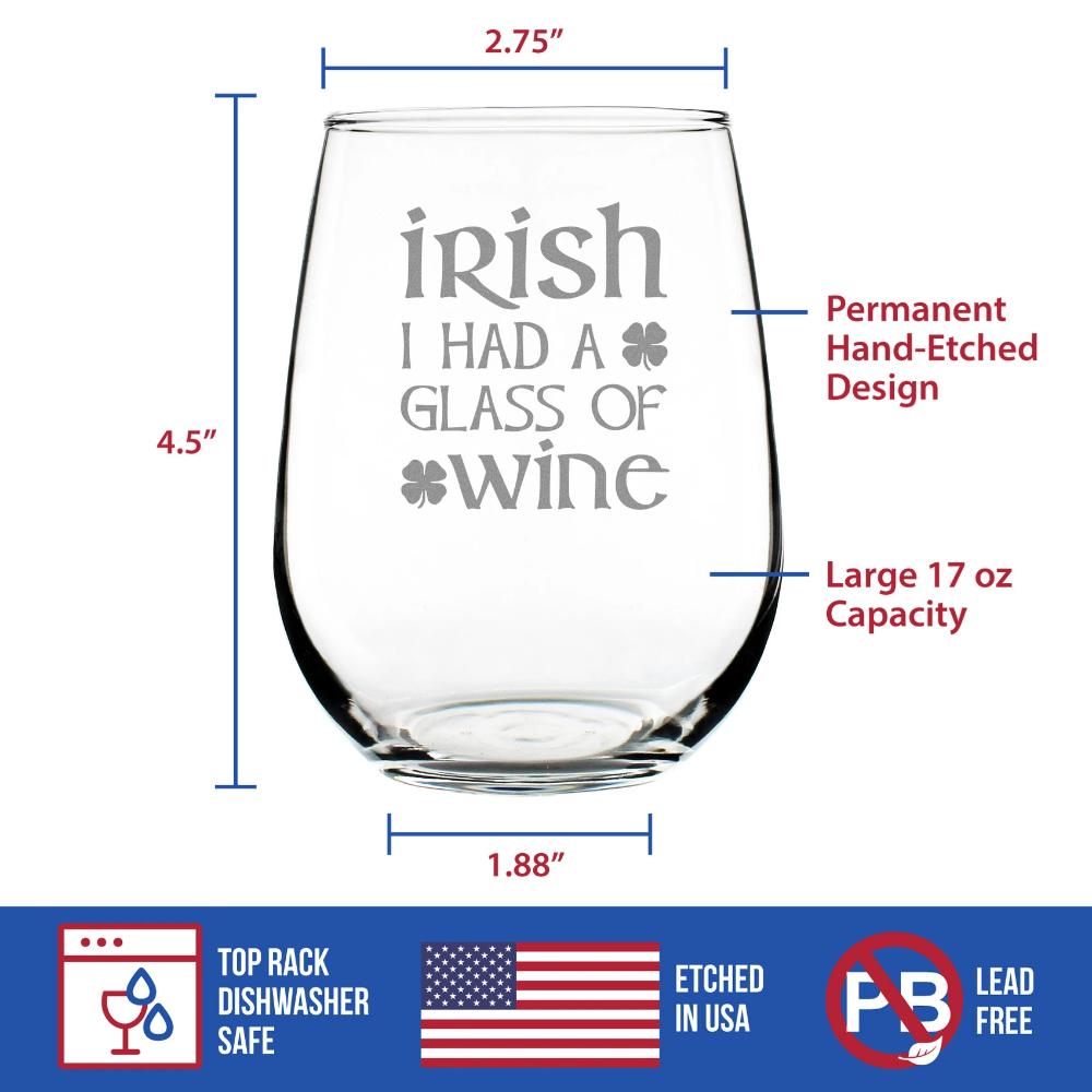 Irish I Had A Glass of Wine - Funny St Patricks Day Party Stemless Wine Glasses - Saint Patty's Decorations