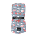 Kids cloud blanket with red and white vehicles print on gray, Sweet Bamboo label