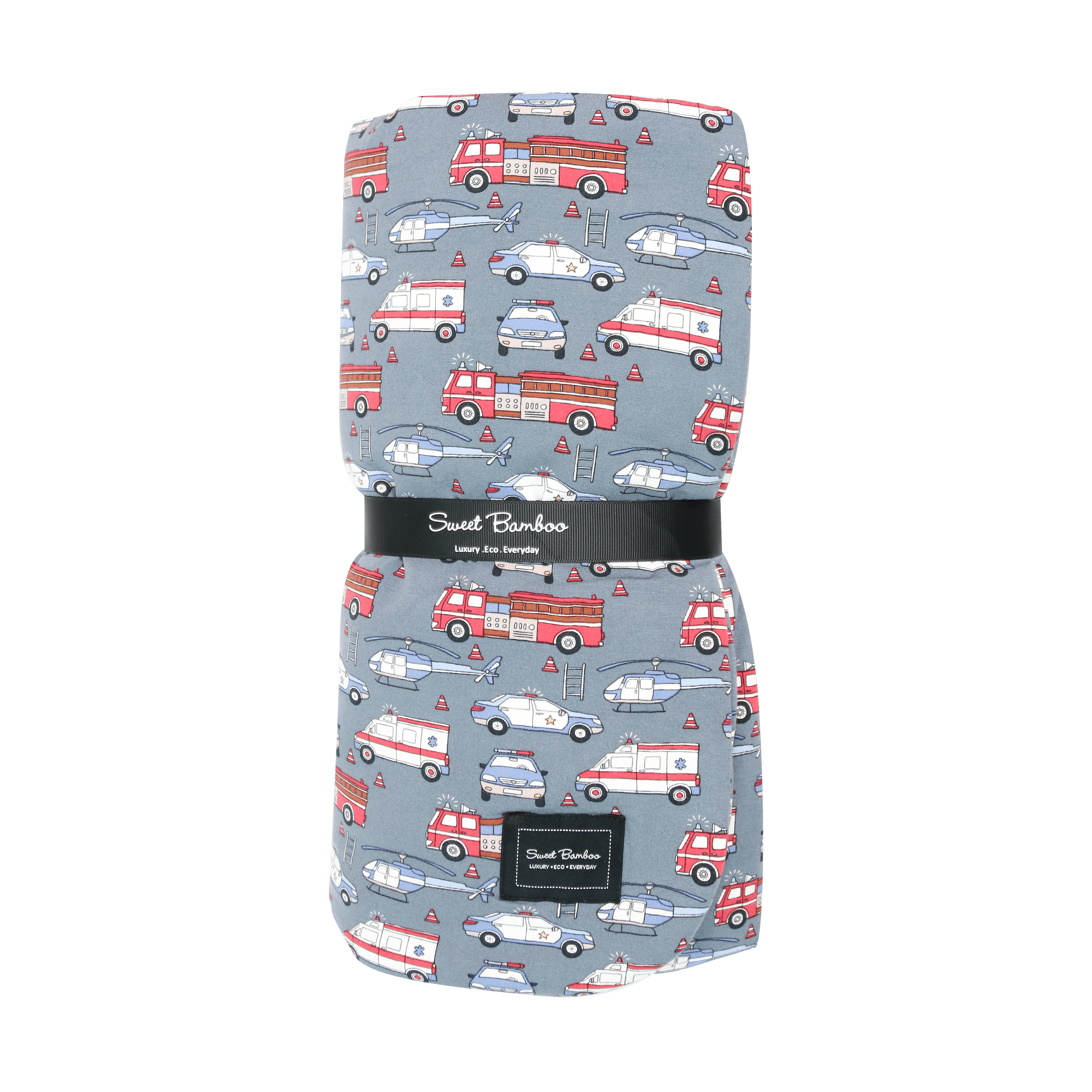 Kids cloud blanket with red and white vehicles print on gray, Sweet Bamboo label