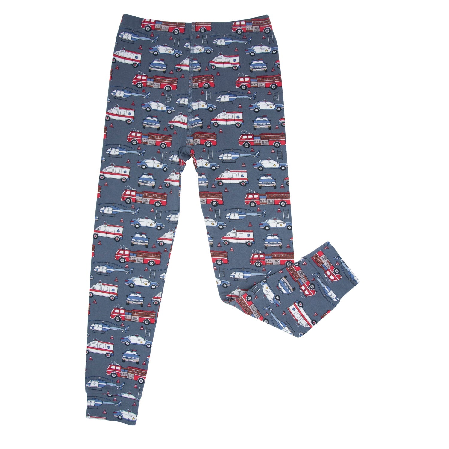 Kids pajama pants with navy truck pattern, elastic waistband and cuffs