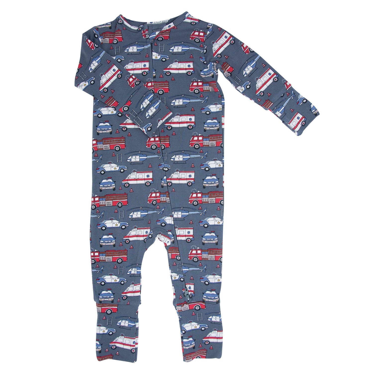 Navy convertible romper with allover red and white vehicle pattern, button front and long sleeves