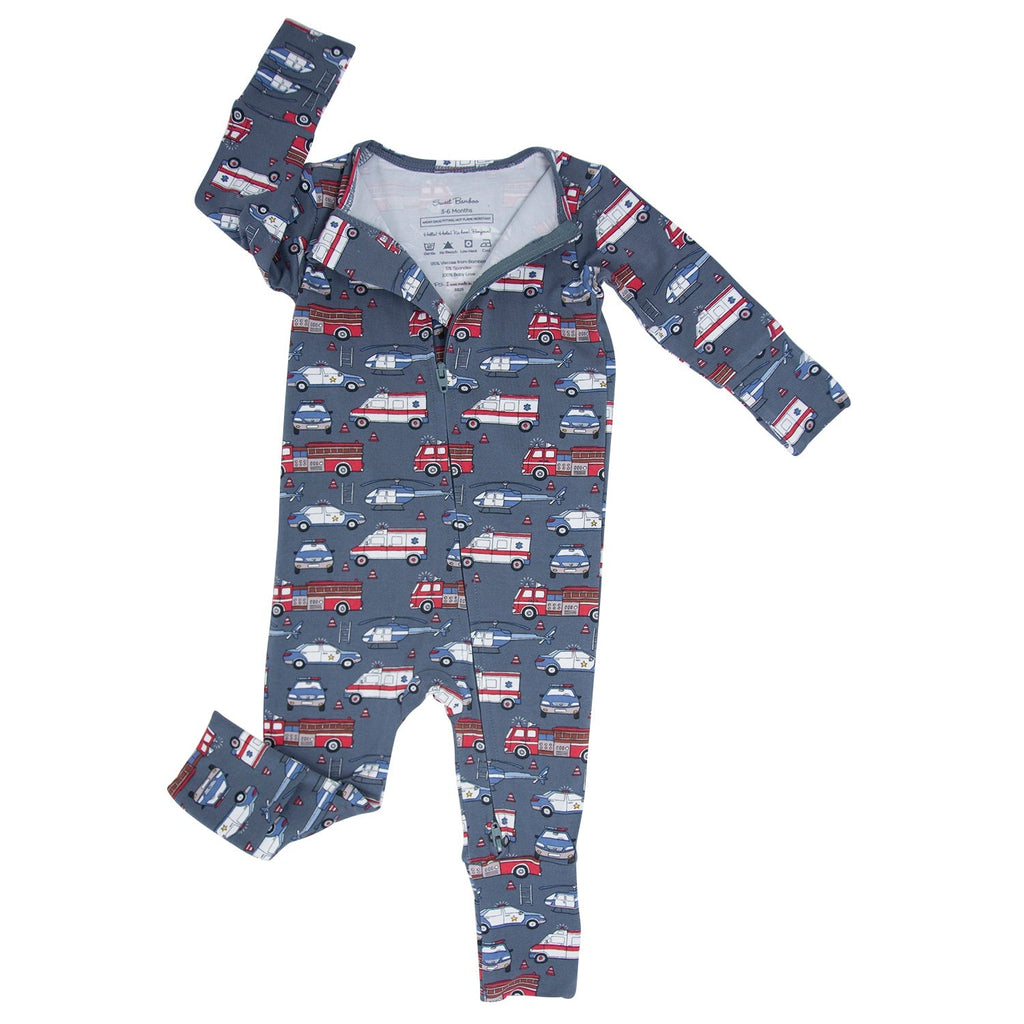 Convertible romper in navy with red and white vehicle print, long sleeves and front snaps