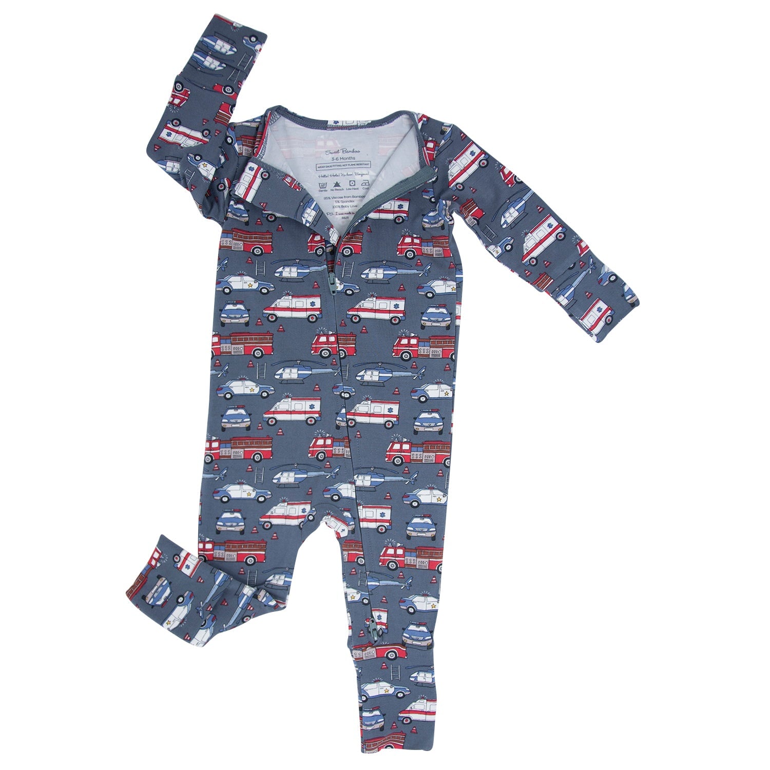 Convertible romper in navy with red and white vehicle print, long sleeves and front snaps