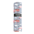 Ironman swaddle blanket, gray with red and white vehicle print