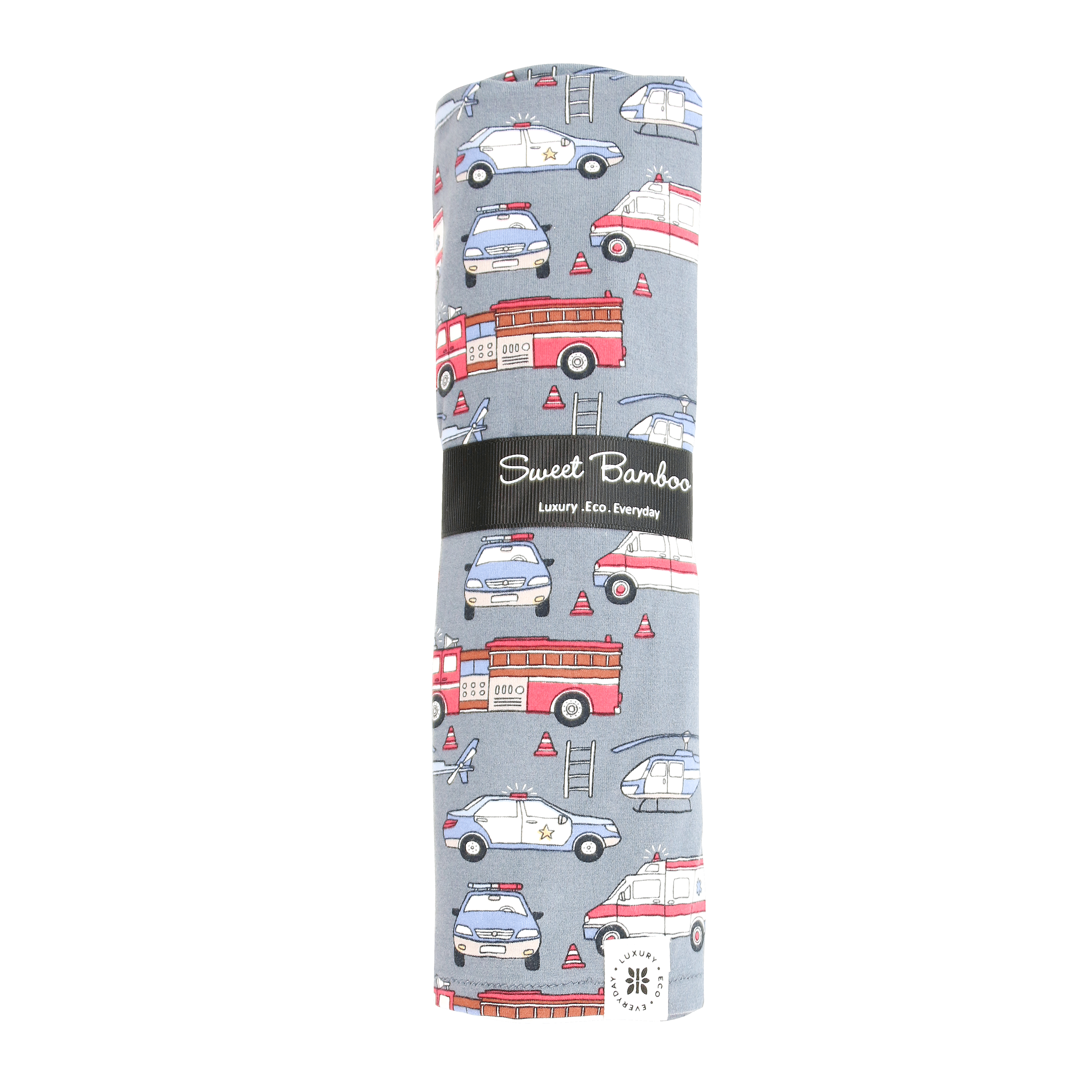 Ironman swaddle blanket, gray with red and white vehicle print