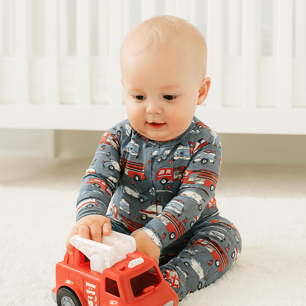 Baby zip-front footie in navy with red and white fire truck print, long sleeves