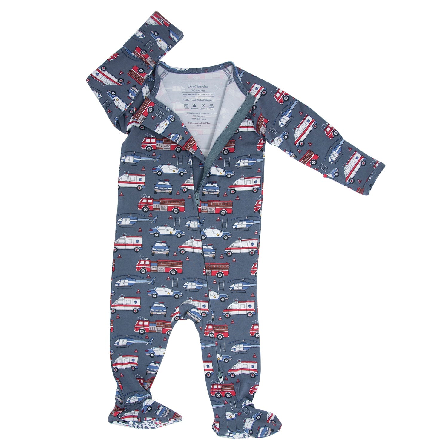 Navy zip-front baby footie with red and white fire truck pattern, long sleeves