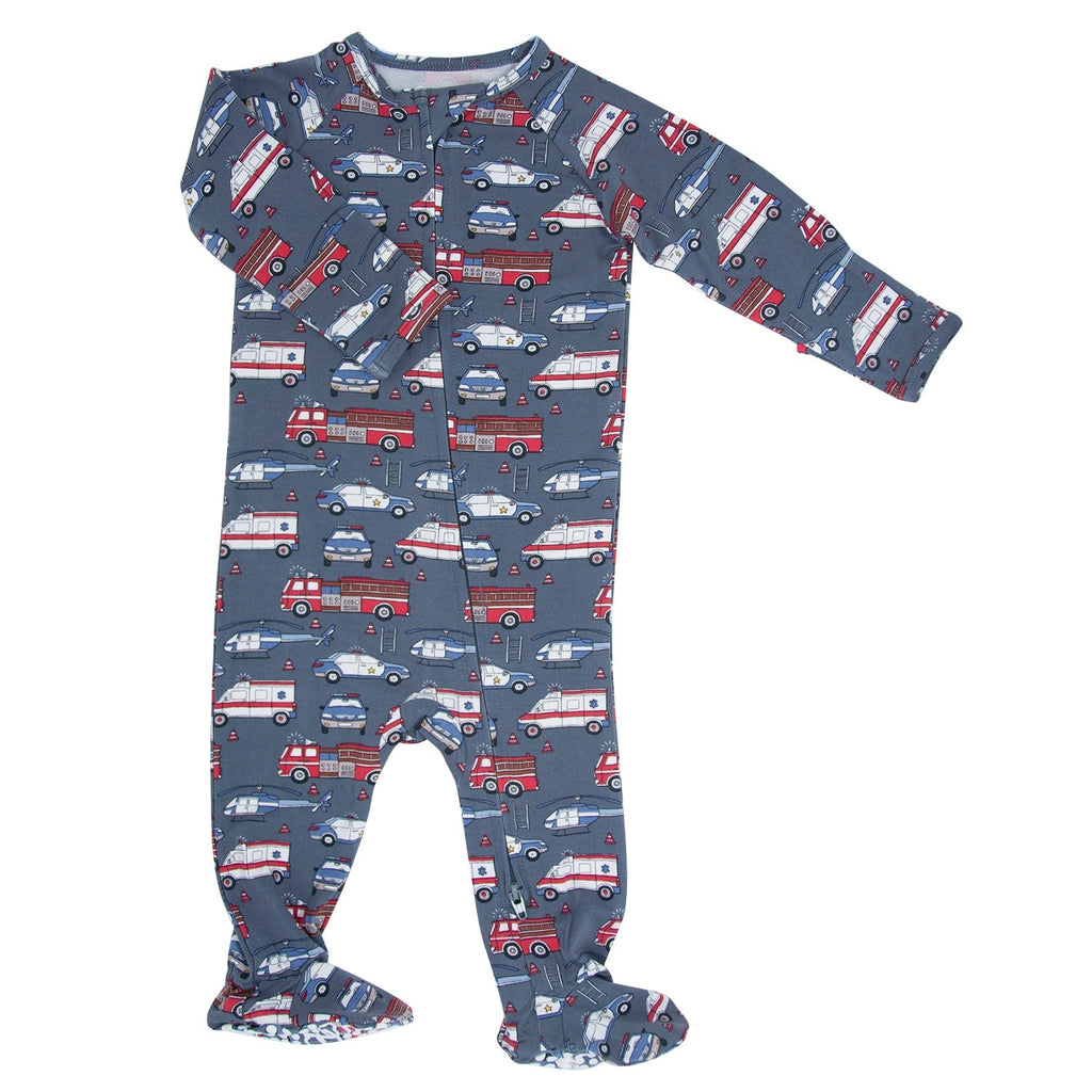 Navy baby zip-front footie with full fire truck print, cuffed long sleeves