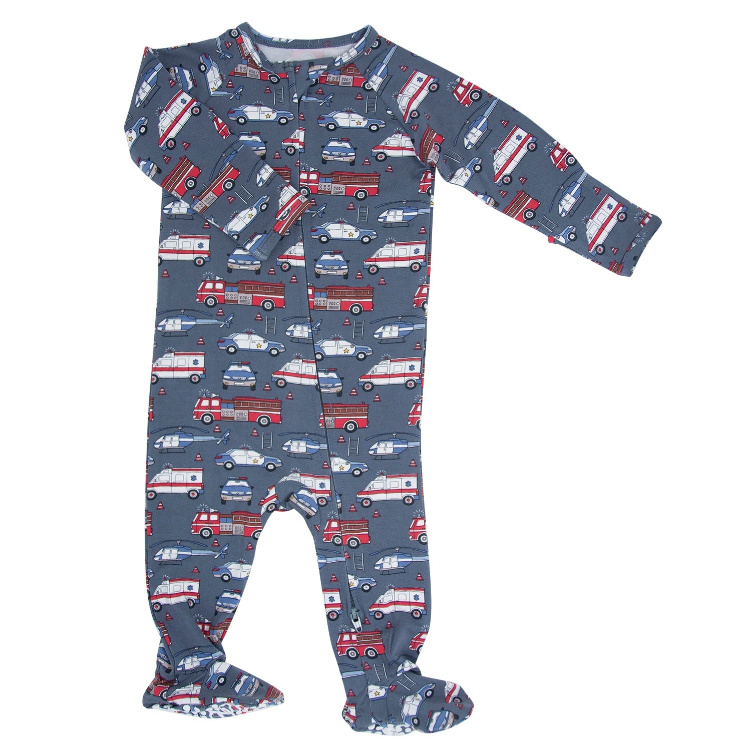 Navy baby zip-front footie with full fire truck print, cuffed long sleeves