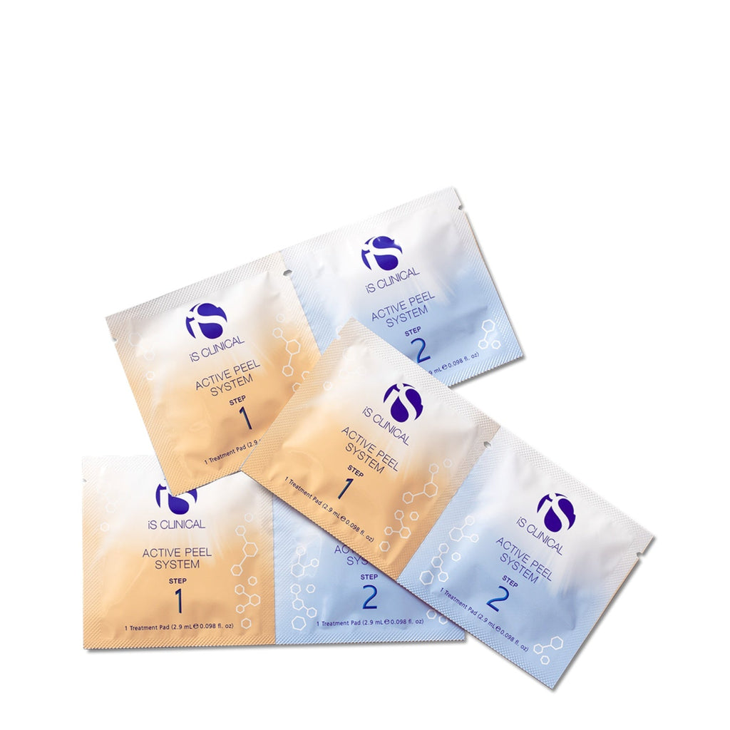 Active Peel System treatment pads, step 1 beige and step 2 blue sachets