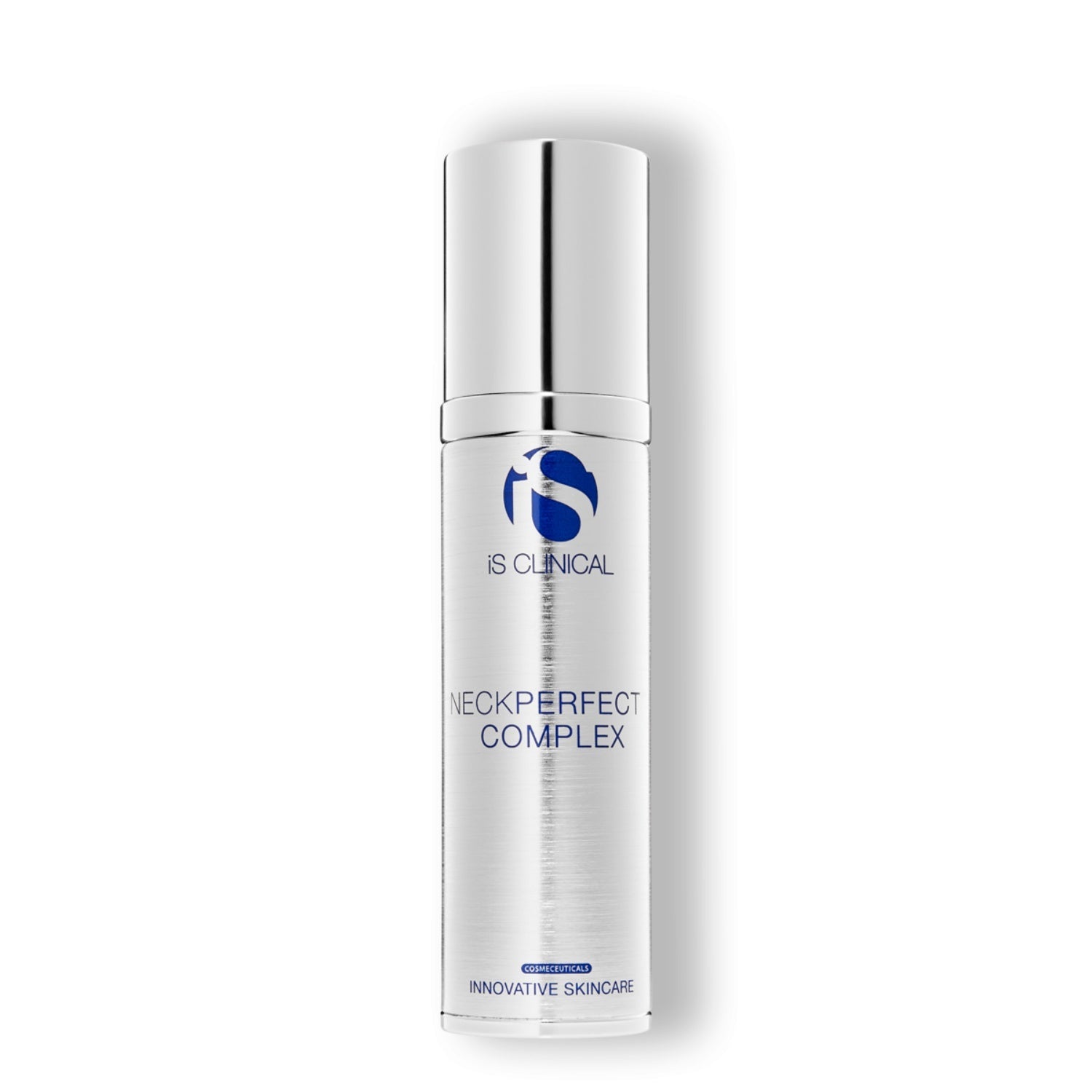 iS Clinical NeckPerfect Complex skincare bottle with silver pump cap, white label