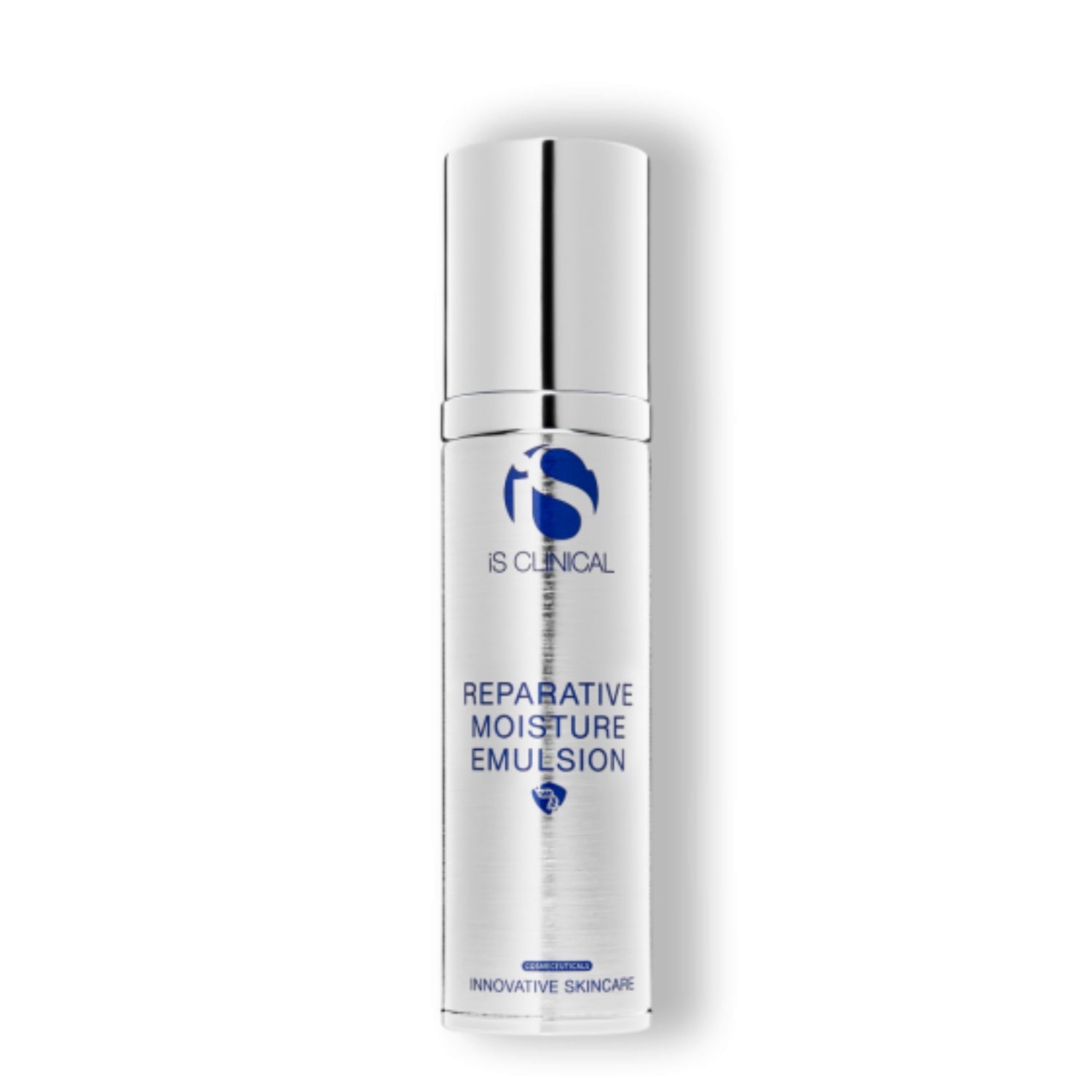 iS Clinical reparative moisture emulsion bottle, metallic silver with flip-top cap