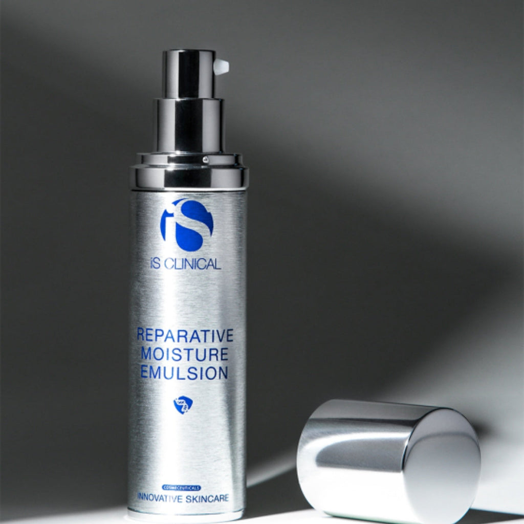 iS Clinical reparative moisture emulsion bottle with side cap, silver finish