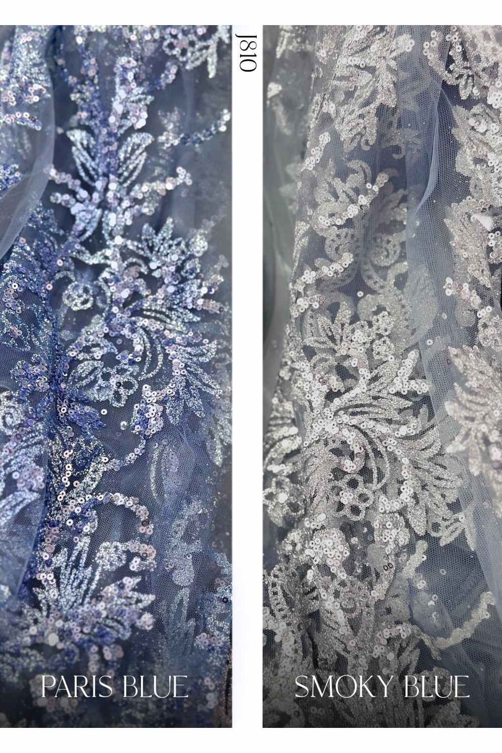 Two fabric panels of metallic embroidered lace in blue tones