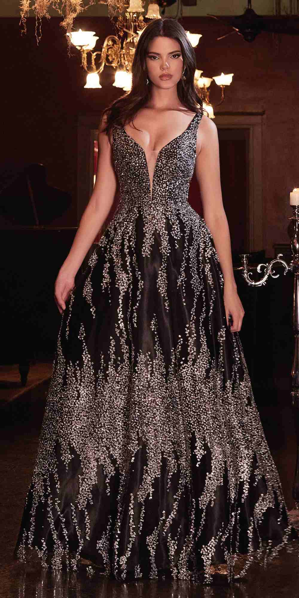 Dark glitter A-line ball gown with V-neck and thin straps, full flowing skirt