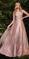 Rose gold glitter A-line ball gown with V-neck and thin straps, full skirt