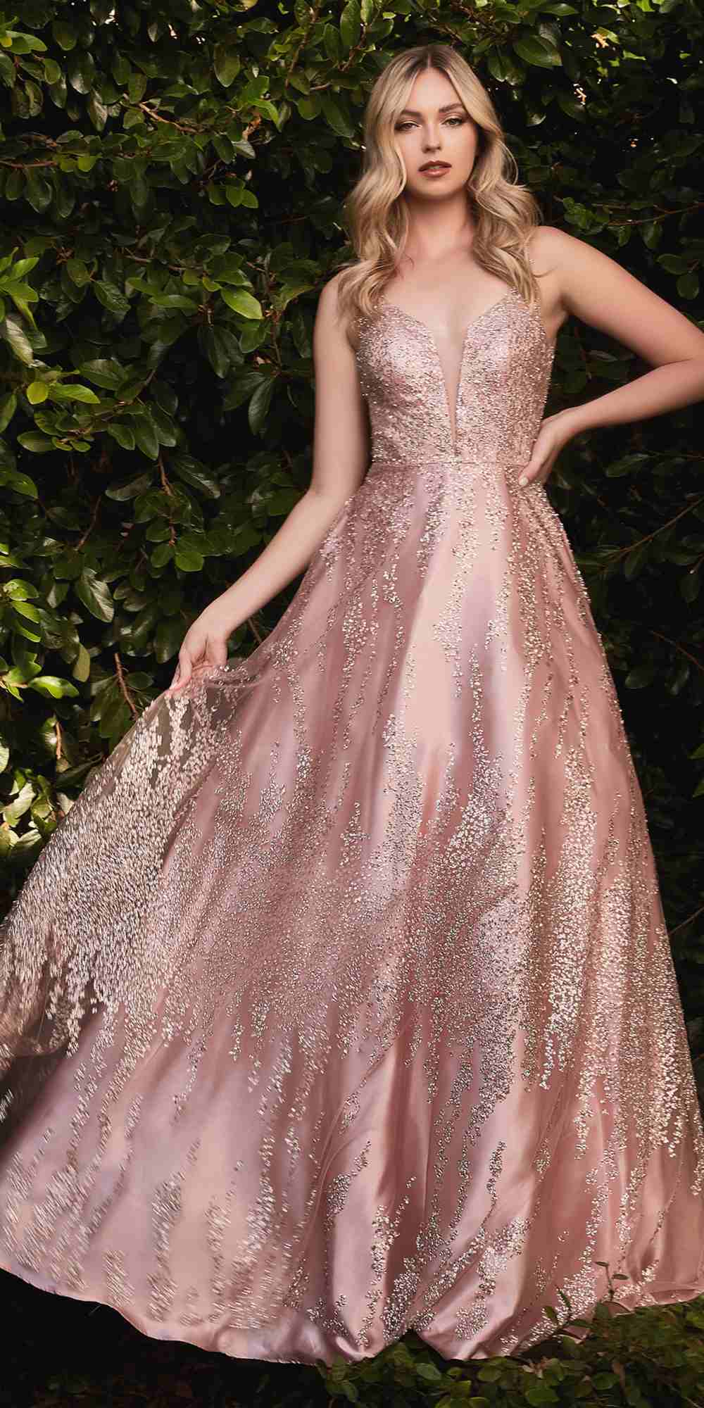 Rose gold glitter A-line ball gown with V-neck and thin straps, full skirt