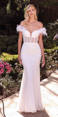 Off-white bridal gown with off-shoulder neckline, feather trim, and fitted mermaid silhouette