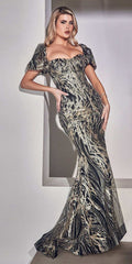 Long glitter printed off-shoulder gown with puff sleeves, dark with gold abstract print