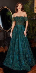 Emerald green off-shoulder A-line glitter print floor-length gown