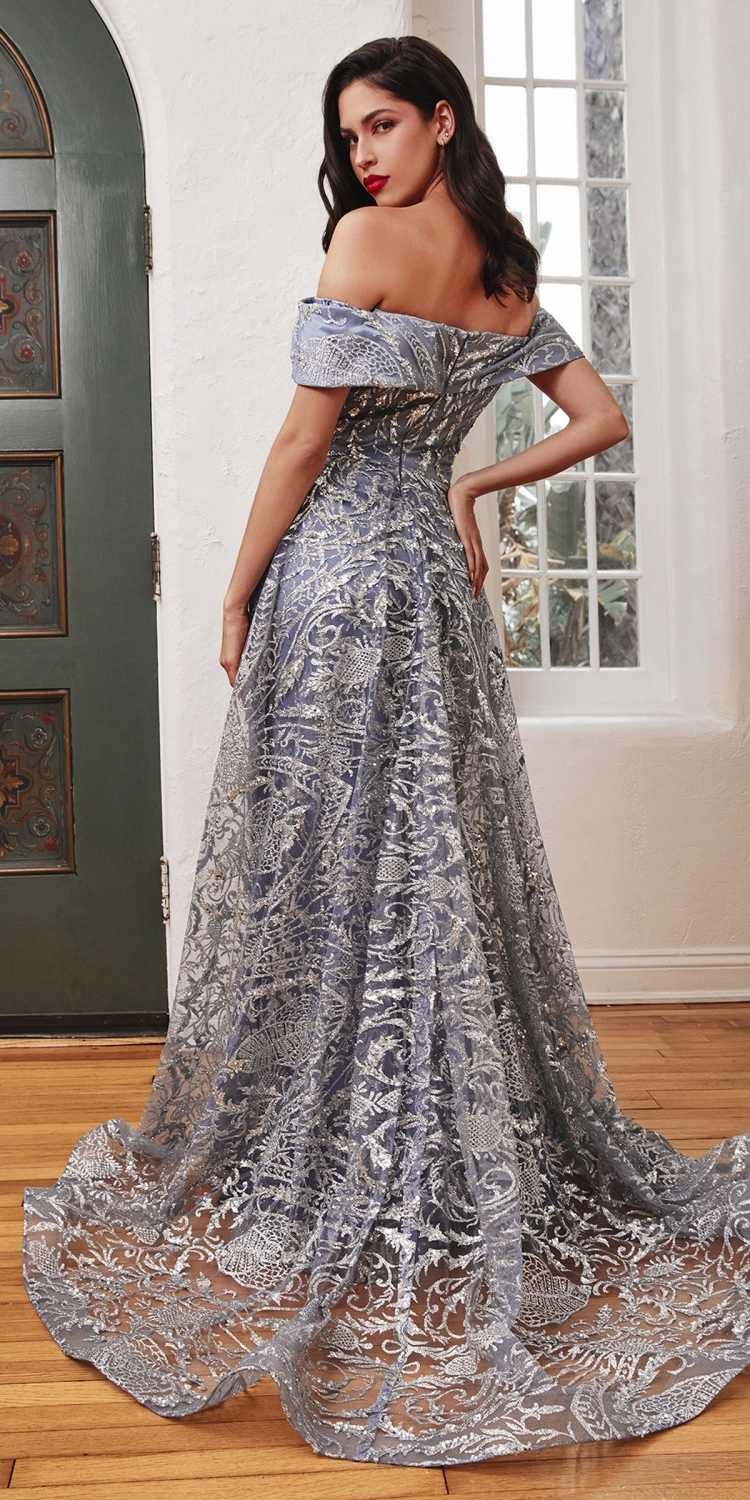 Blue-gray long off-shoulder lace gown with over skirt, shimmering lace bodice and skirt