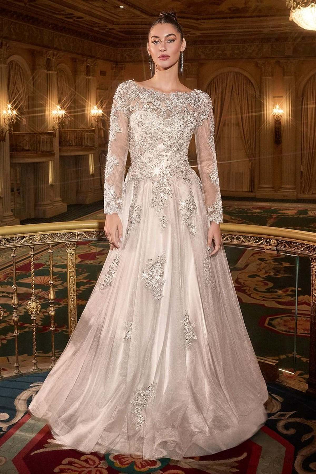 Off-white wedding A-line ball gown with long lace sleeves and ornate lace front