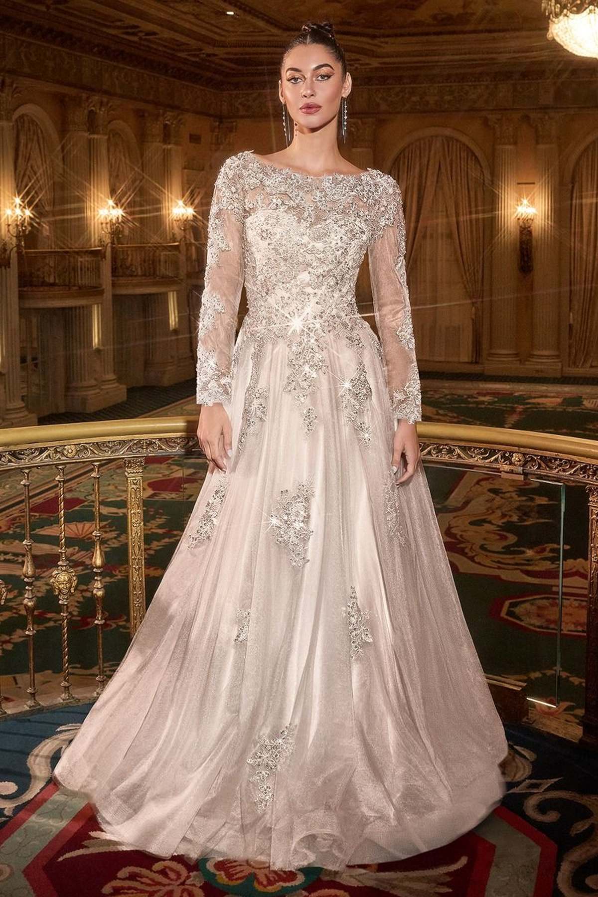 Off-white wedding A-line ball gown with long lace sleeves and ornate lace front