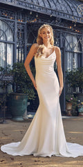 White sleeveless mermaid gown with cowl neckline, long fitted silhouette