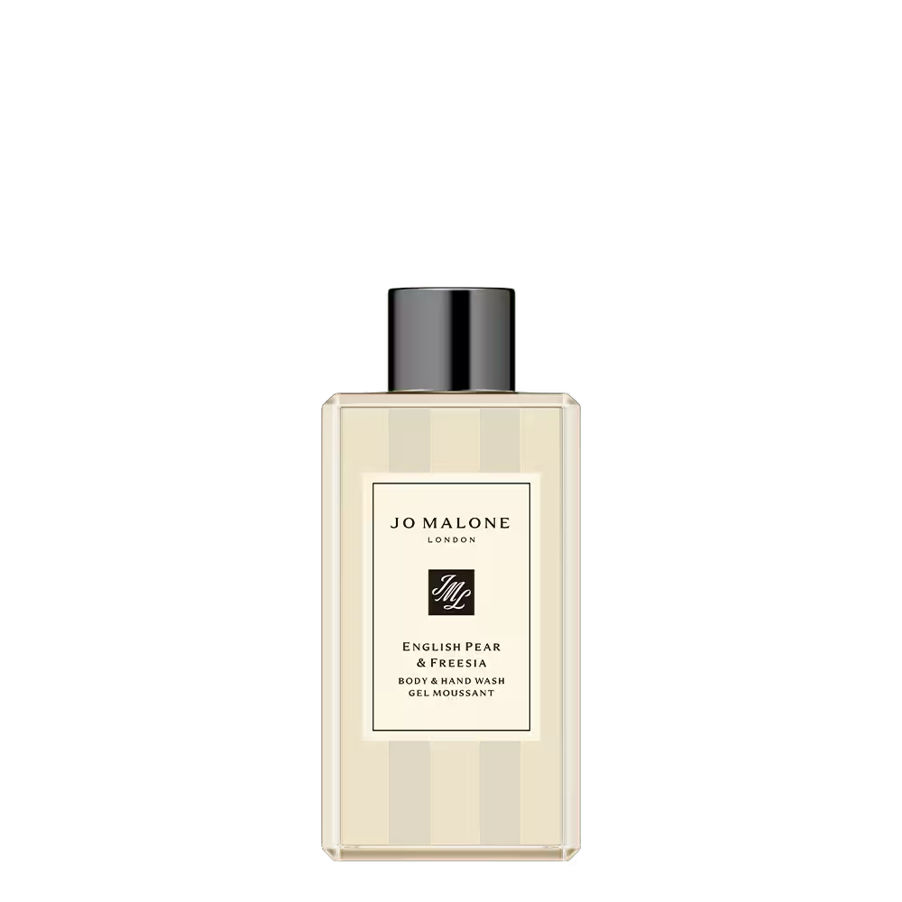 Jo Malone London body & hand wash bottle with black pump, cream label on clear glass